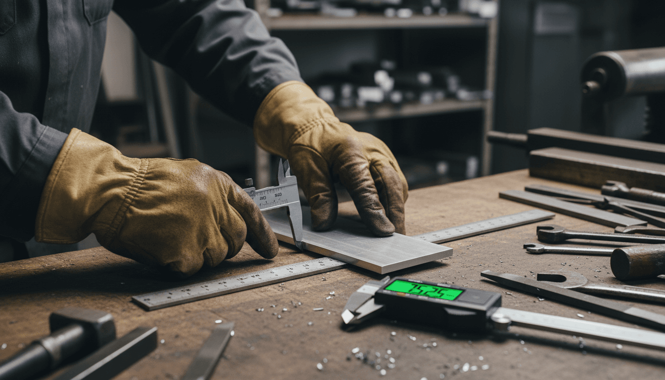 Close up of hands using tools in a workshop measuring metal