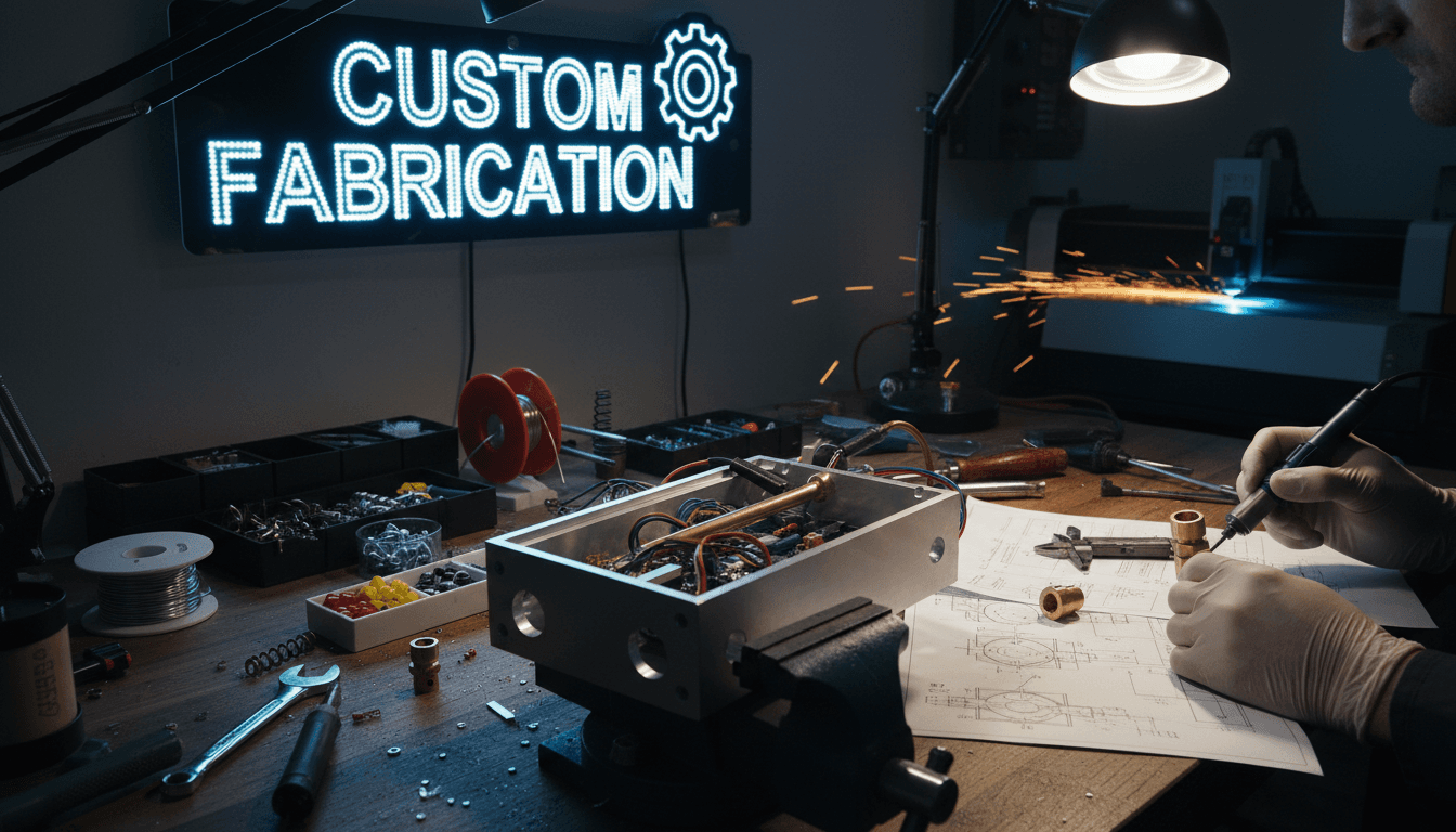 Detail of custom fabrication work in progress on a workbench