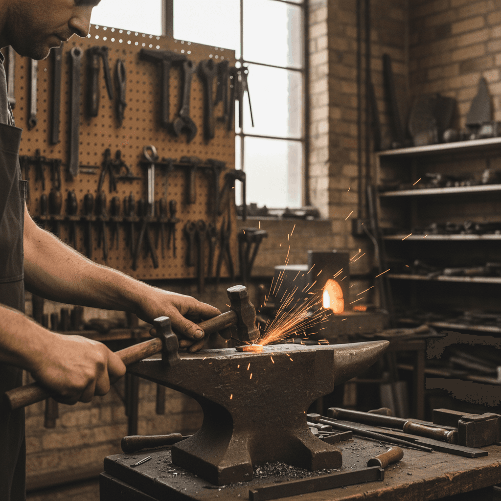 Craftsman working with metal tools in a workshop