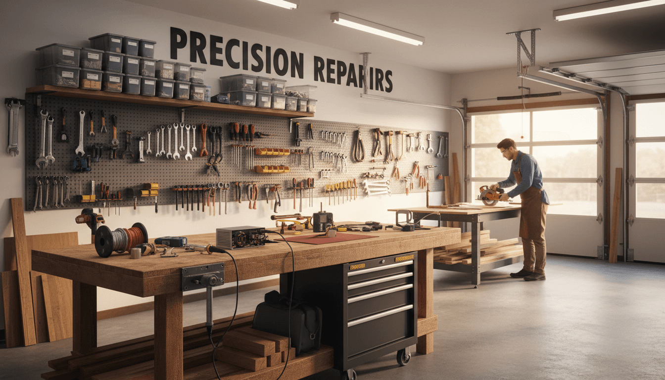 Custom workbench setup with organized tools in a clean workshop