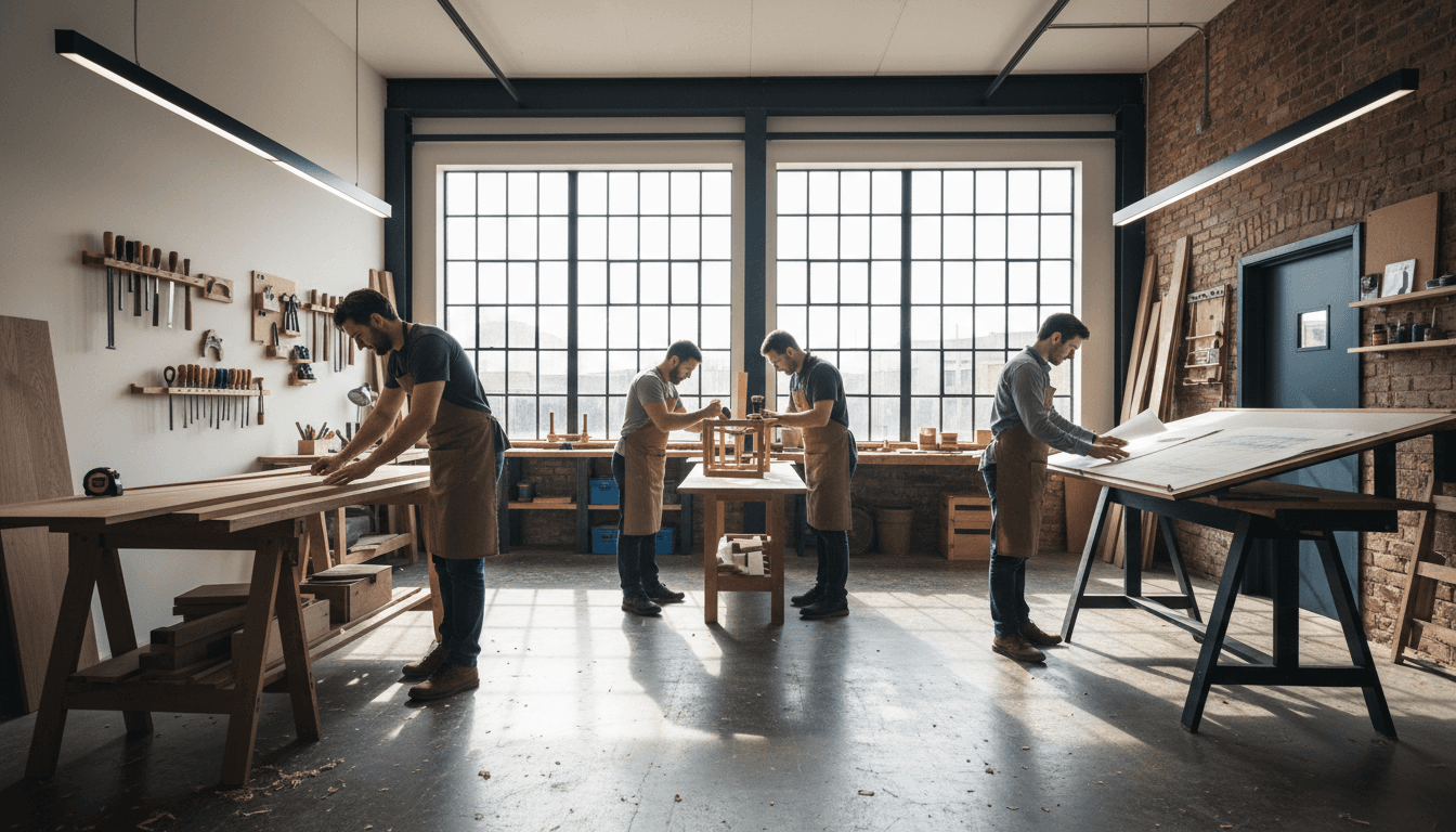 Workshop craftsman shaking hands with a client in a bright workshop