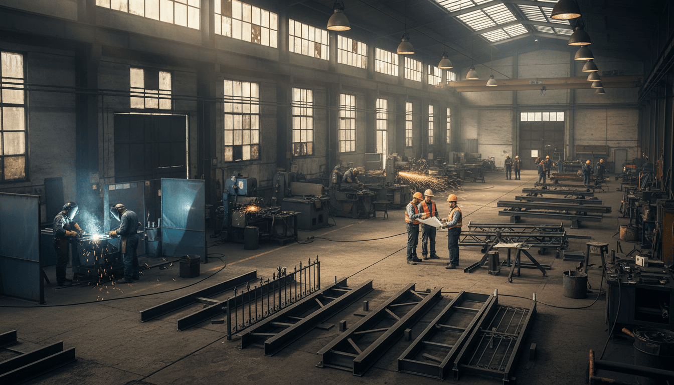 Workbench with metal tools in a workshop