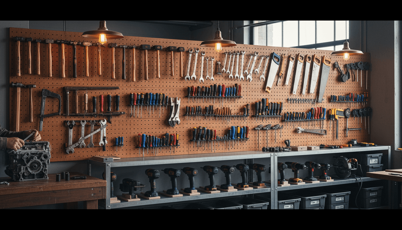 Organized workbench with tools and equipment in a professional workshop
