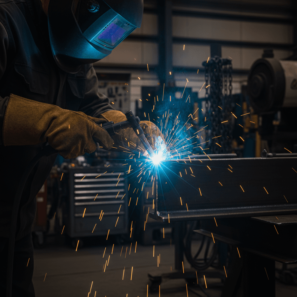 Welder working on a metal frame with sparks flying in a workshop