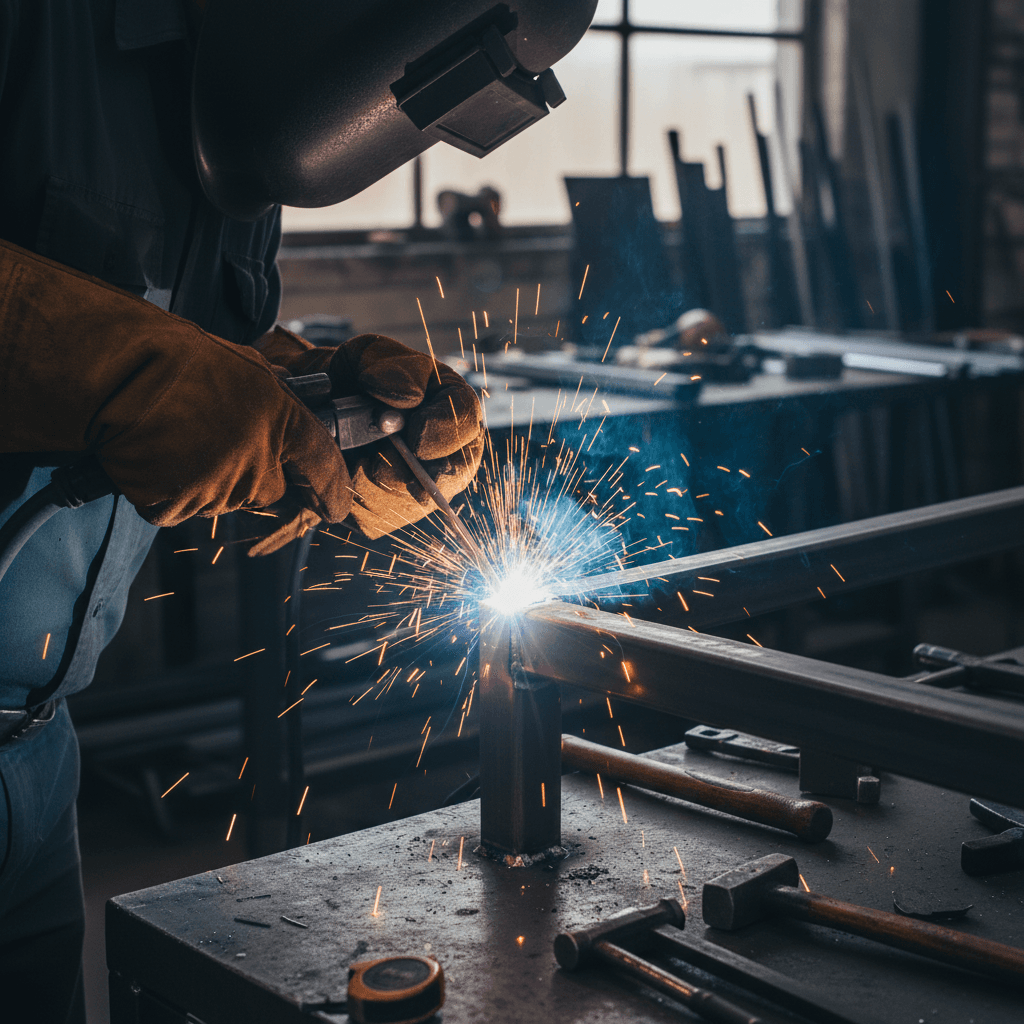Craftsman focused on welding metal in a workshop, sparks visible
